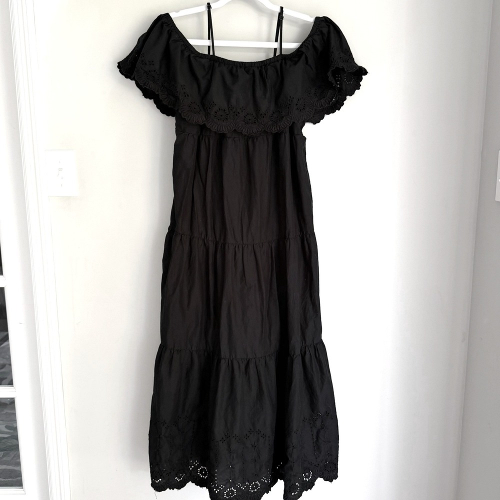Old Navy Black Maxi Dress Eyelet Off The Shoulder Ruffle Tiered 100% Cotton SZ M